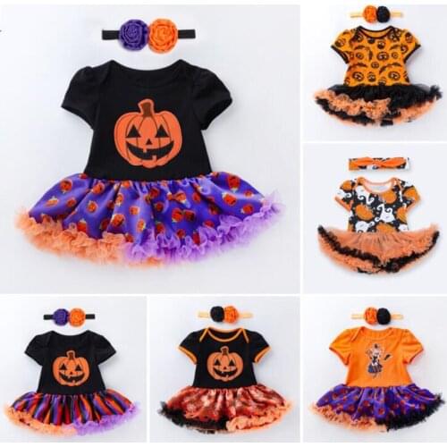 Halloween 2pcs Girls Dress Skull Pumpkin Print Romper Tutu Party Wedding Casual Little Princess Kid Dresses Newborn Baby Clothes