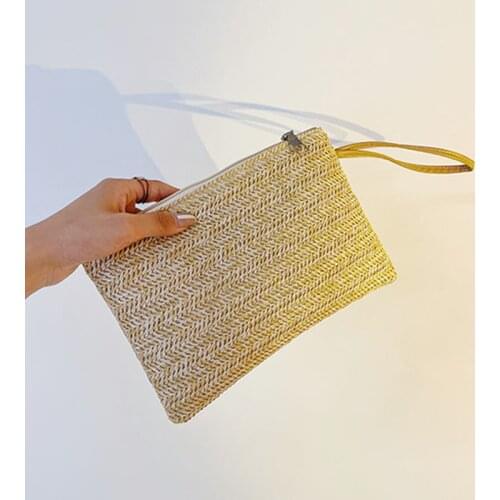 Weaving Bag Fashion Ladies Wristlet Clutch Women Daily Money Phone Clutch Solid Straw Woven Coin Purse Beach Wallet Card Bag Sac