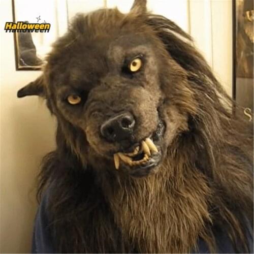 Realistic Long Plush Wolf Mask Brown Creepy Cover Head Latex Funny Black Animal Cuty Mask Halloween Christmas Party Decoration