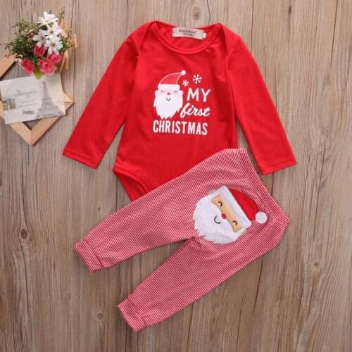 Xmas Newborn Baby Boy Girls 2Pcs Clothes Santa Claus Long sleeves Romper Jumpsuit+Striped Leggings Pants Casual Outfit