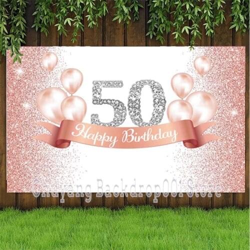 Rose Gold 50th Photo Backdrop Pink Balloon Lady Happy Birthday Party Photography Background Banner Decorations Supplies