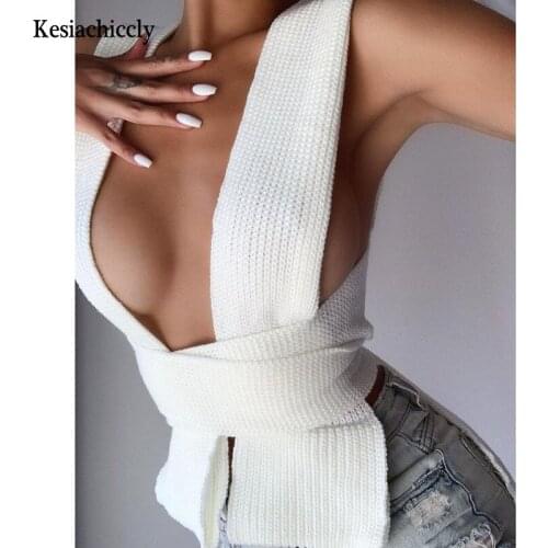 Kesiachiccly Sexy Bandage Knit Sweater Tank Top Women Casual Knitting Sleeveless Female Elastic Criss Cross Cropped Camisole