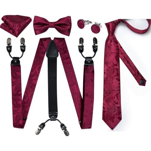 DiBanGu Silk Suspenders Necktie Bow Tie Set For Men Red Clip-on Braces Man Wide Strap For Pants Wedding Party Home Casual 3.5cm