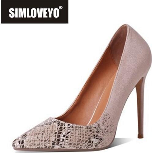 SIMLOVEYO New 2021 Women Pumps Pointed Toe 12cm High Thin Heels Flock Snake-Skin Sexy Stylish Big Size 34-46 Party Blue B2492