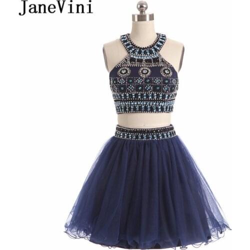 JaneVini Tulle Two Pieces Dress Crystal Beads Short Bridesmaid Dresses A Line Halter Formal Prom Gowns Vestidos De Dama De Honra