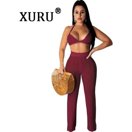 XURU Summer Hot New Jumpsuit Two-piece Womens Sexy Perspective Jumpsuit Knitted Mesh Hollow Jumpsuit Set