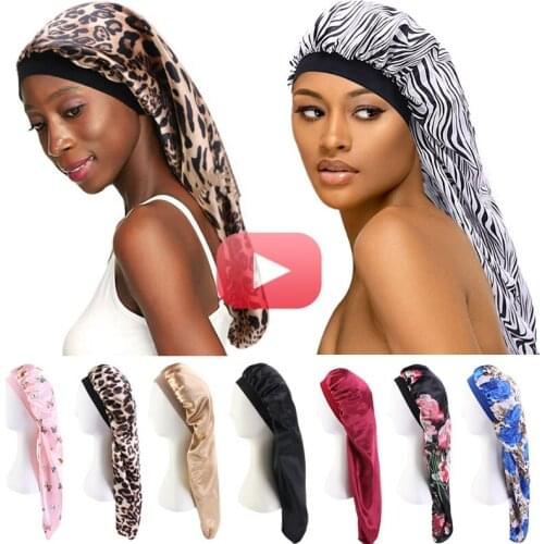 Fashion Women Sleep Hair Turban Cap Long Satin Printed Flower Elastic Bonnet Cylindrical Chemo Cancer Hat Muslim India Headwear