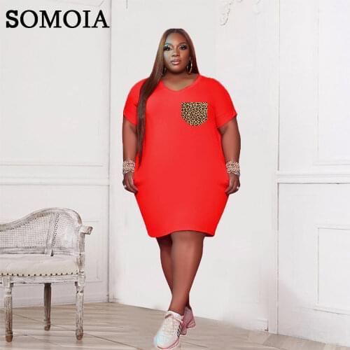 Plus Size Womens Clothing Wholesale Fashion Sexy Solid Color V Neck Short Sleevess Leopard Print Pocket Casual Loose Dress