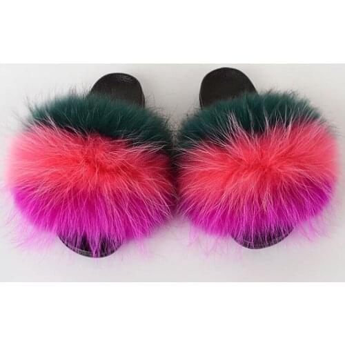 2021 New Trendy Fluffy Slides Real Fox Fur Flip Flops Women Indoor Outdoor Sandals Fur Slippers