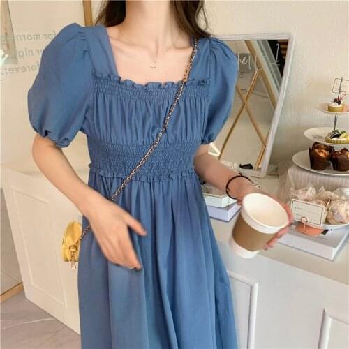 2021 Elegant Retro French Long Skirt Puff Sleeve Square Neck Dresses for Women Folds Preppy Style Harujuku Dress Summer