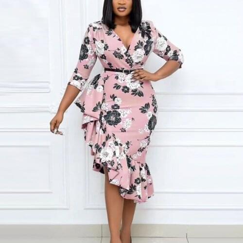 Vintage V neck Floral Print Bodycon Dresses Women Three Quarter Sleeve Irregular Ruffles Elegant Office Work Wear With Belt 3XL