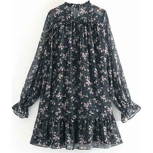 Women Ruffle Bow Tie Mini Floral Print Chiffon Dress Vintage Long Sleeve Casual Loose Pleated Dress Ruffles Party Dress Vestidos