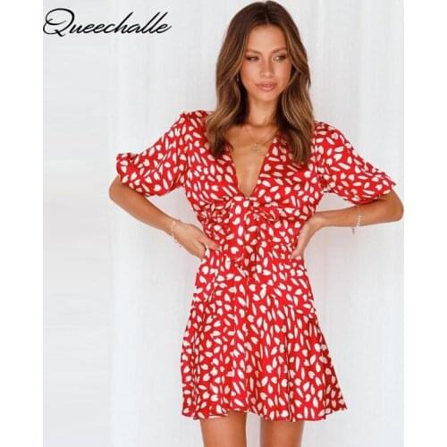 Bow Ties Sexy V-neck Mini Dress Womens 2021 Summer Red Lantern Sleeve Vintage Love Spot Print Dresses for Women Ruffle Sundress