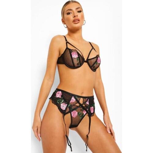 Woman Underwear Sexy Suit Garter Belt Bra Underwear Suit Mesh Lace Transparent Bra Underwear 3 Pieces Sexy Underwear Pajamas Set