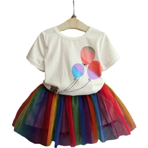 Summer Pure Cotton Cartoon Balloon T-Shirt + Mesh Lace Skirt 2Pcs Clothing Set For Girls Kids Birthday Present Children Clothes