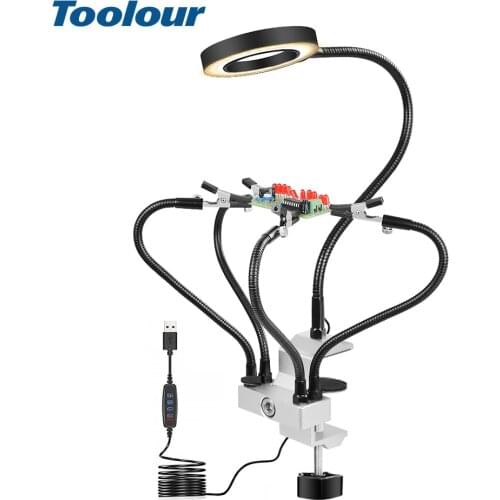Toolour Welding Third Hand Tool Table Clamp Soldering Stand USB LED 3X Magnifier 5pc Flexible Arms Bench Vise Soldering Holder