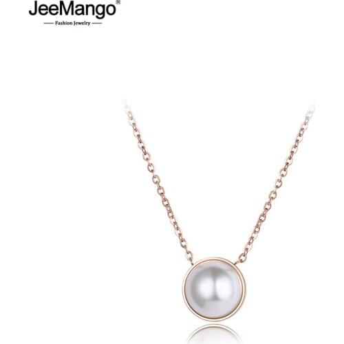 JeeMango Trendy White Simulated Pearl Chain & Link Necklaces Jewelry Titanium Steel Rose Gold Choker Necklace For Women JN18063
