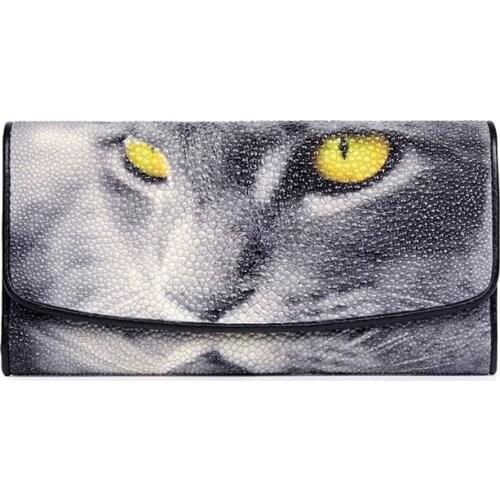 Unisex Designer Exotic Leather Men Clutch Purse Genuine Stingray Skin Large Capacity Women Kitty Cat Wallet Female Card Holders
