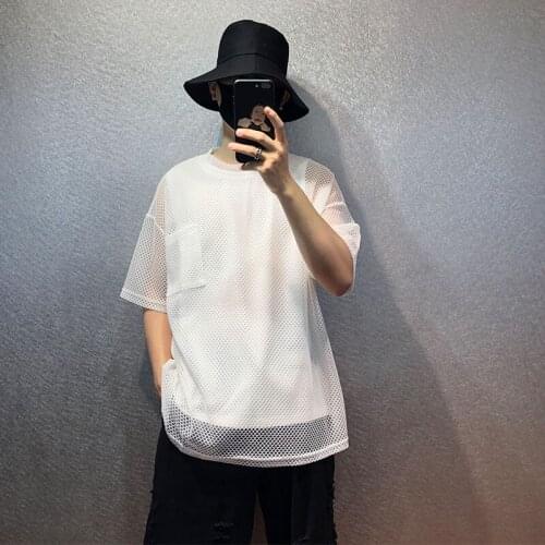 Harajuku style dark new two-piece hollow T-shirt to send vest tide brand street youth ins wind loose top thin