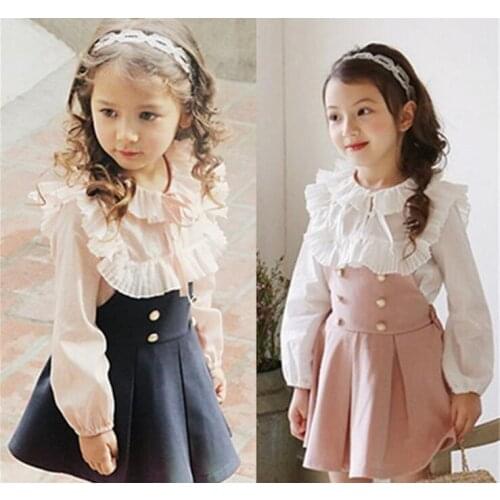Girls Dress Embroidery Suspender Dress Turn-down Collar Shirt & Dress 2 PCS 5 p/l