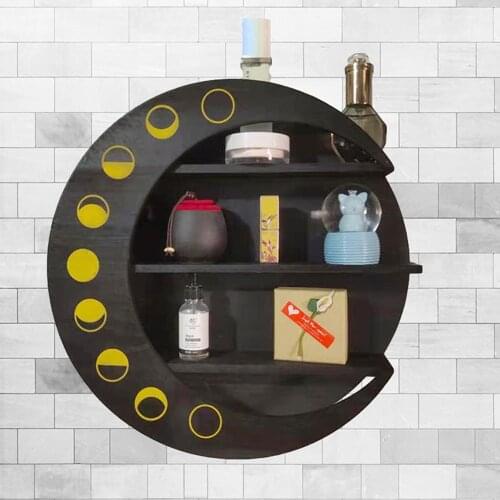 Hanging Storage Moon Shelf Bathroom Decor.Black European Style Room Bedroom Art Wooden Wall Decor