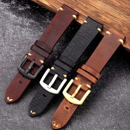 Handmade First Layer Italian Calfskin Strap, 18 19 20 21 22MM Retro Style Leather Watchband Mens Military Watch Sport