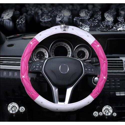 Luxury Crown Pink Steering Wheel Cover for Girls Women PU Leather Rhinestones Diamond Car Wheel Cover 38cm Universal Bling Bling