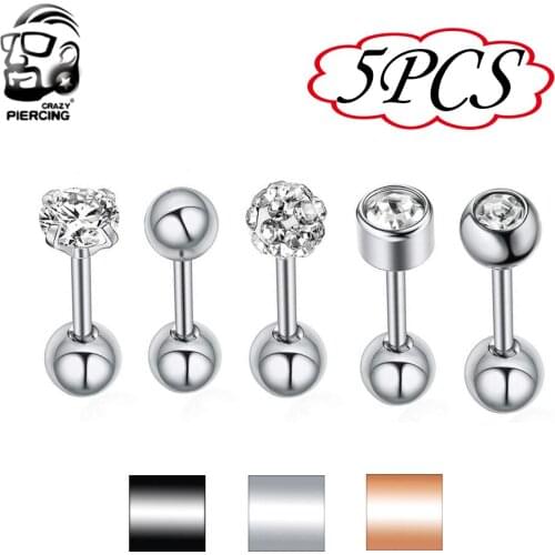 5PCS/lot Round Crystal Ear Tragus Piercings Lip Labret Plug Surgical Steel Daith Earrings Helix Piercing Cartilagem Da Orelha