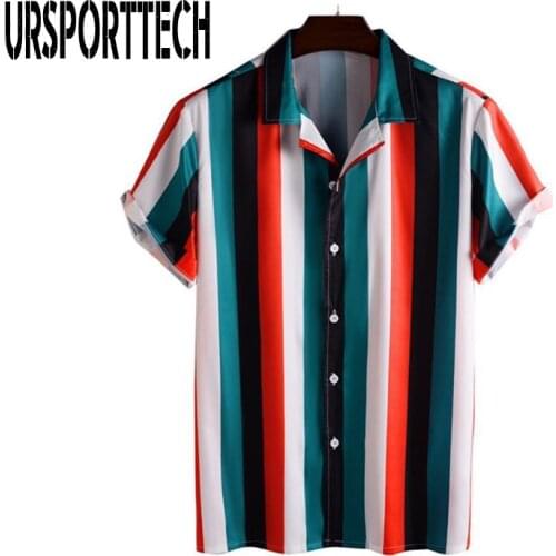 URSPORTTECH New Arrival Mens Shirts Men Beach Vacation Striped Shirts Camicias Button Wild Shirts Short-sleeve Blouses Tops