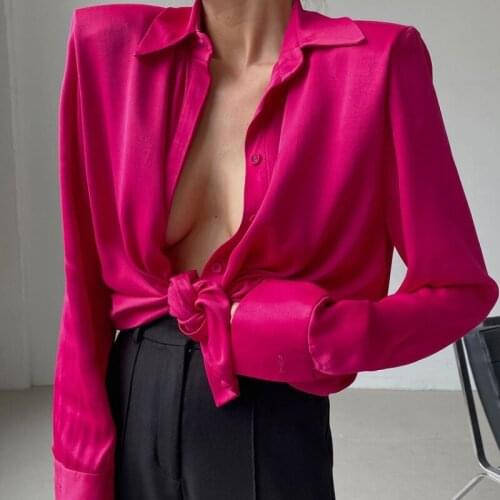 2021 Newly Chic Women Satin Shirt Long Sleeve Autumn Solid Color Black Pink Turn Down Collar Elegant Office Lady Women Shirts