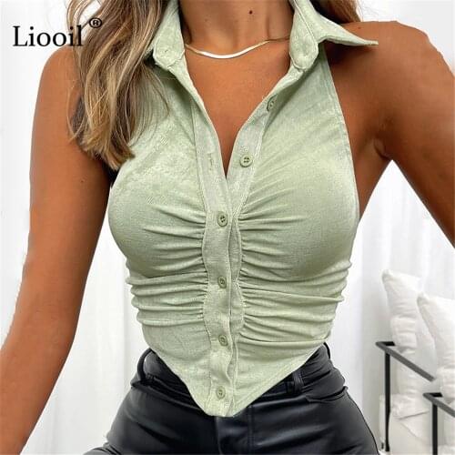 Liooil Sexy Ruched Backless Blouses Women Tops Summer New 2021 Asymmetrical Sleeveless Turndown Collar Button Up Sexy Tank Tops