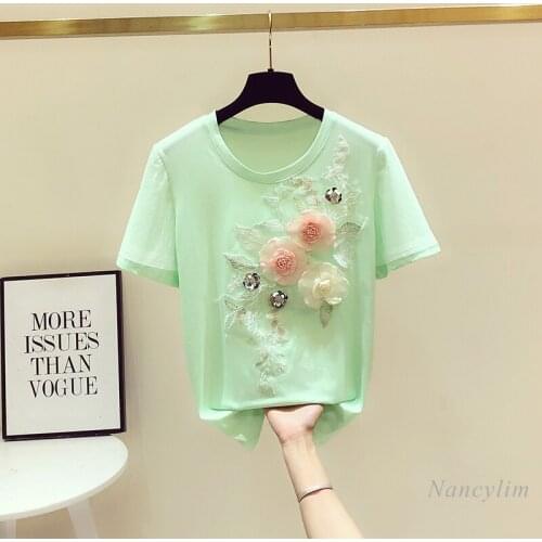 Green T Shirt Women 2021 Summer New Sweet Embroidery Flower Round Neck Short Sleeve T-shirts Female Sequins Floral Top Tee