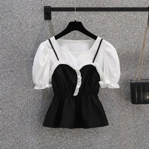 Oversized Fale 2 Pieces Women T-Shirts Summer New 2021 White And Black Slim Elegant Puff Sleeved Office Lady Pulls Outwear Tops