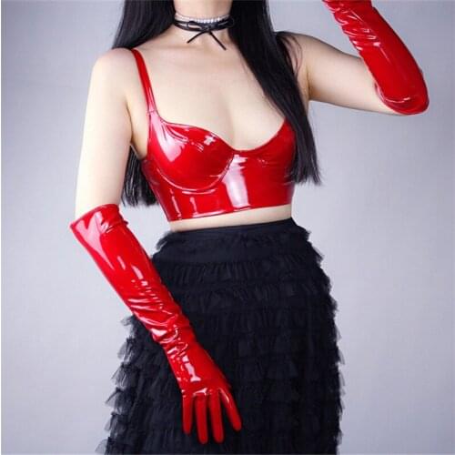Womans Gloves Patent Leather PU Gloves Female Bright Red Simulation Leather Bright Leather Dance Party Cosplay P1370-6