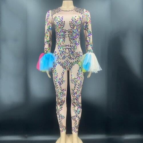 Sequined Fringed Yarn Sleeves Jumpsuit Nightclub Bar Female Singer Stage Costume Dj Ds Outfit Rave Performance Wear DNV13522