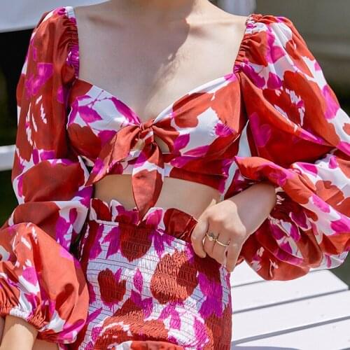 Print Two Piece Set Women Square Neck Lantern Sleeve Hollow Out Sexy Tops High Waist Shorts Suit Female Fashion Clothing New