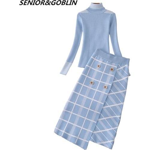 2020 Autumn Top Brand Designer Lady Twinset Women Sweater Skirt Two Piece Set Winter High Neck Knitted Top+Plaid Skirt Suit Sets