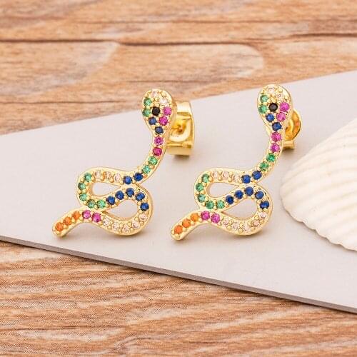 2020 Geometric Colorful Cubic Zircon Stud Earrings Gold Color Snake Shape Ear Studs For Women Statement Girls Party Jewelry