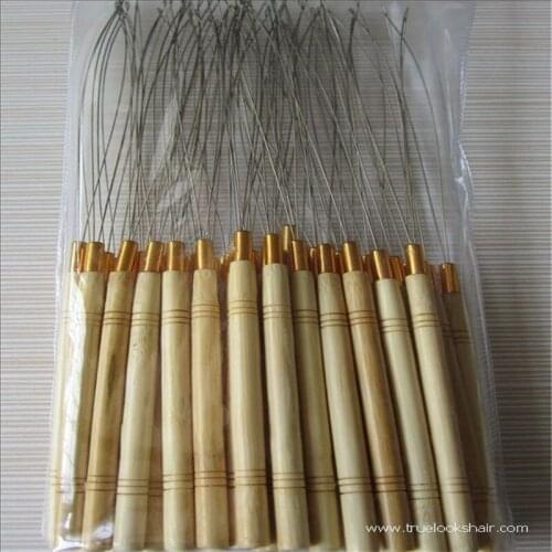 50Pcs Hair Extensions Threader Wooden Handle Hook Loop Needle for Micro Nano Ring Beads Cold Fusion Hair Extension Hook Needle