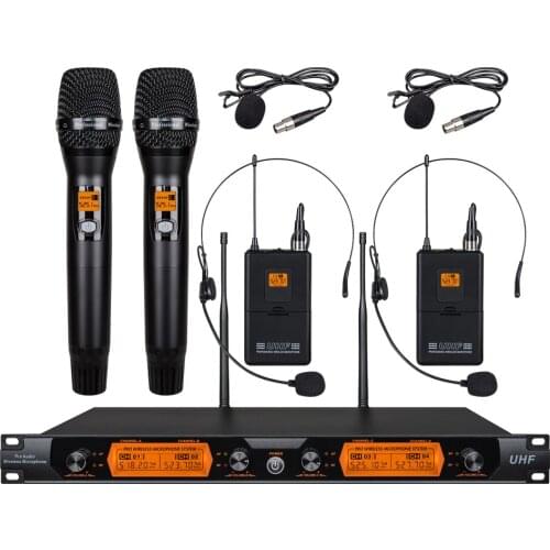 VMEQO UHF 4-Channel Metal Material Wireless Microphone System with 2 BodyPack and 2 Handheld for Stage Church Family Party