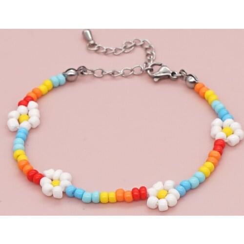 GO2BOHO Daisy Flower Bracelets For Women Summer Jewelry Boho Handmade Rainbow Beads Bracelet Silver Color Stainless Steel Chain