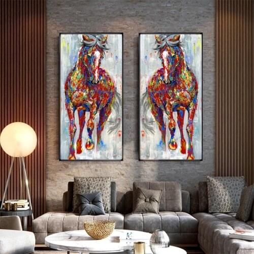 DDHH Larger Original Running Horse Oil Paintings Wall Art Colorful Animal Posters Picture For Living Room Home Decor