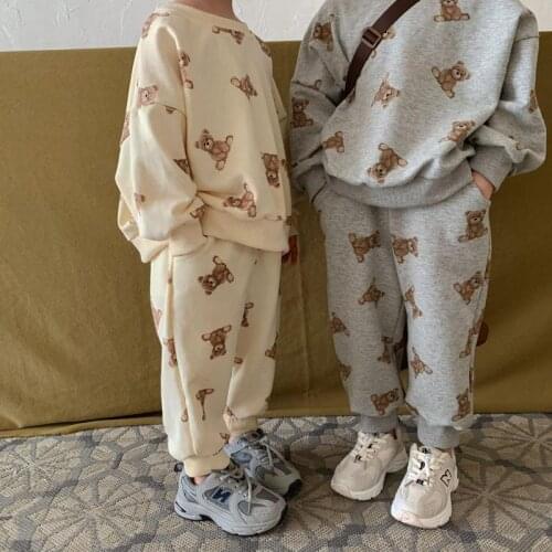 Children Clothes Set Boys Girls Print Bear Tracksuits Toddler Cotton Pajamas Set Brother Sister Matching Outfits Twins Clothes