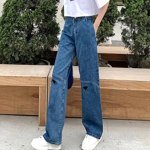 Women Jeans Summer Streetwear High Waist Jeans Heart Embroidery Long Pants Vintage Femme Casual Baggy Straight Mom Denim Trouser