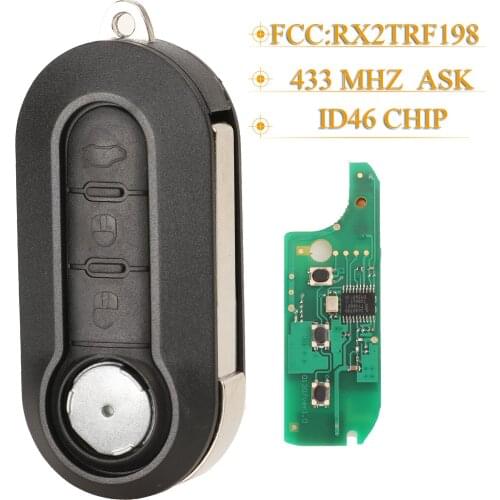 Kutery 3 Buttons Replacement Flip Folding Remote Car Key Fob 433Mhz Id46 For Fiat 500 Grande Punto 2010-2017