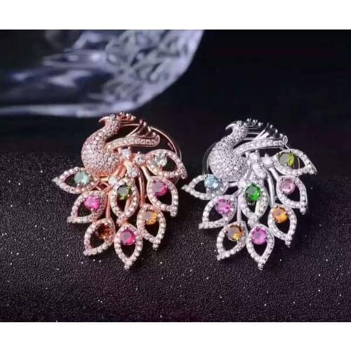 Natural multicolor tourmaline Ring Natural red ruby Ring Pendant 925 sterling silver Two wears Luxury Peacock women gift Jewelry