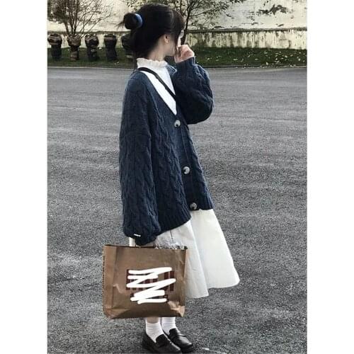 Kawaii Autumn 2pcs Set Preppy Simple Blue Sweaters Cardigan + White Ruffle Long Dress Women Students Daily All-Match Sweet Suit