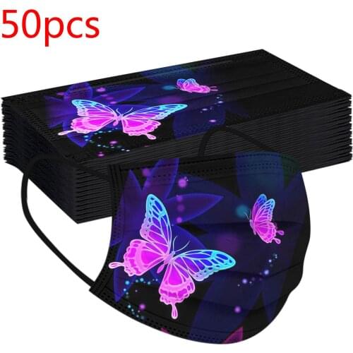 50pcs Adult Disposable Masks Mascarillas Elegant Butterfly Pattern 3ply Protection Halloween Cosplay Mondkapjes Masque