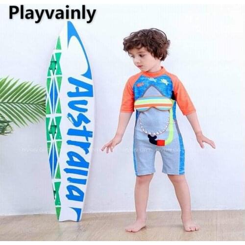 Wholesale Baby Boys Swimming Wear Shark Blue Caroon One Piece Swimsuits with Hat Children Fashion Swimwear E71421