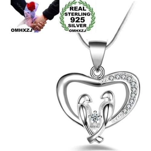 OMHXZJ Wholesale Personality Fashion OL Woman Girl Gift Silver Heart Birds AAA Zircon 925 Sterling Silver Pendant Necklace NC47